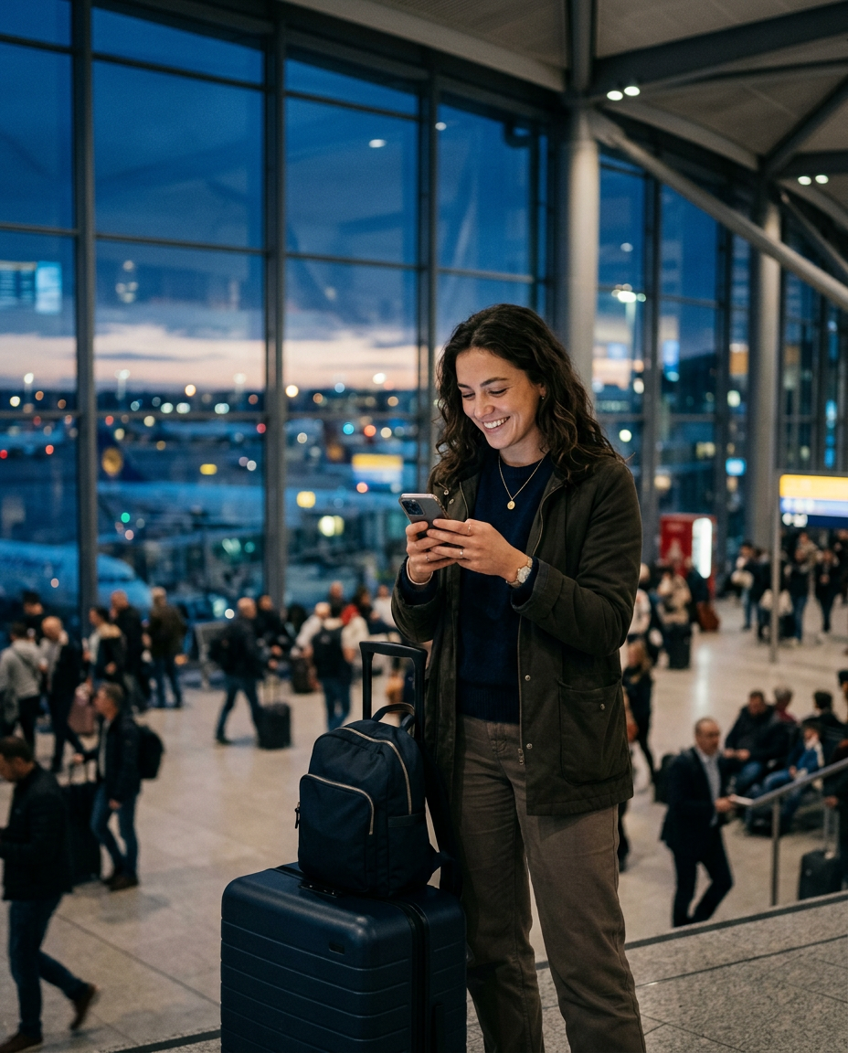 Viajante sorrindo para o celular em um terminal de aeroporto ao entardecer